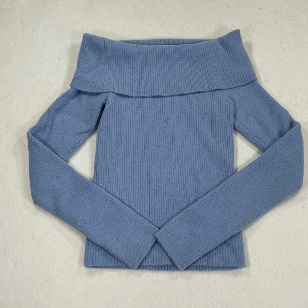 Marled Womens XS Blue Ribbed Off The Shoulder Long Sleeve Knit Sweater Top